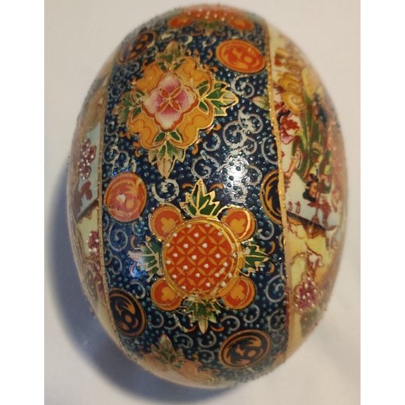 Vintage Chinese Ceramic Eggs Large 5x3" Festive Hand Painted W/ Wooden Pedestal - Picture 13 of 16